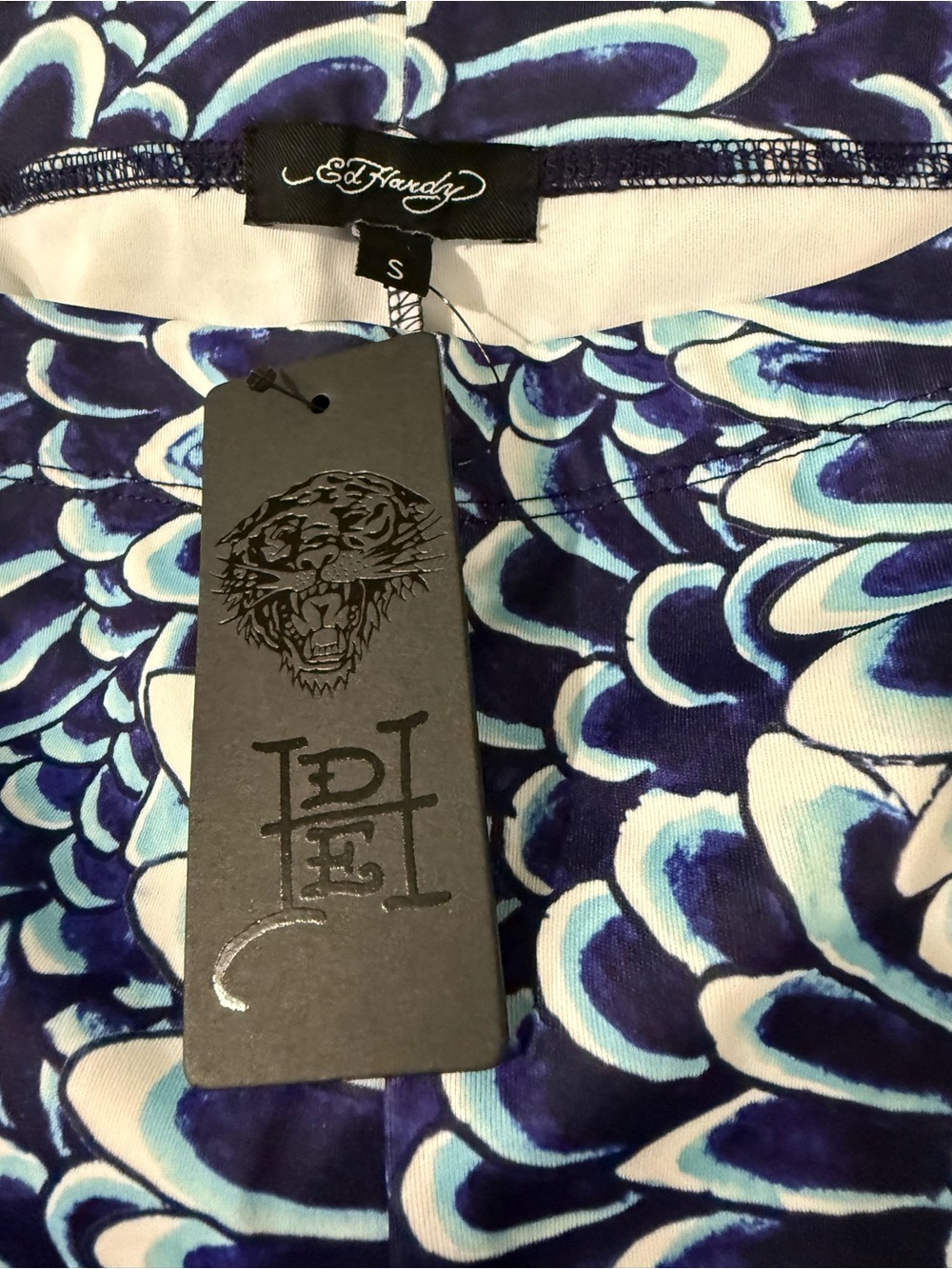 ED HARDY Feather Wing Print Navy Light Blue & White Tattoo Leggings